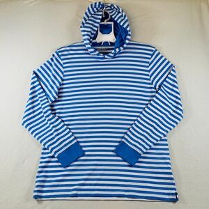 Lands' End Women's Long Sleeve Cotton Hoodie Sweatshirt Top Stripe Blue White L